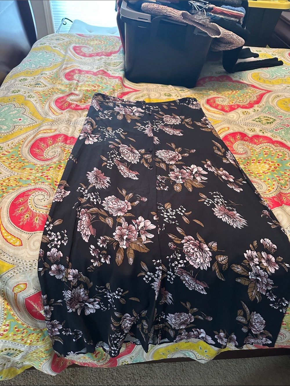 American Threads Black Floral Maxi Skirt with Pink and Brown Blooms